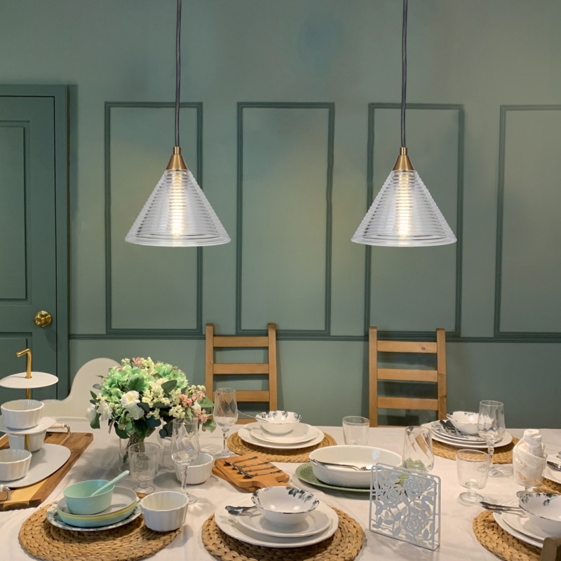 Modern Mini Pendant Light with Fluted Glass Cone Shade Brass