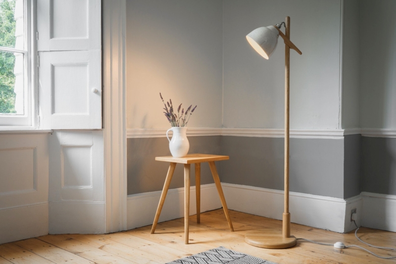 Modern Oak and Ceramic Floor Lamp with Tall Shade