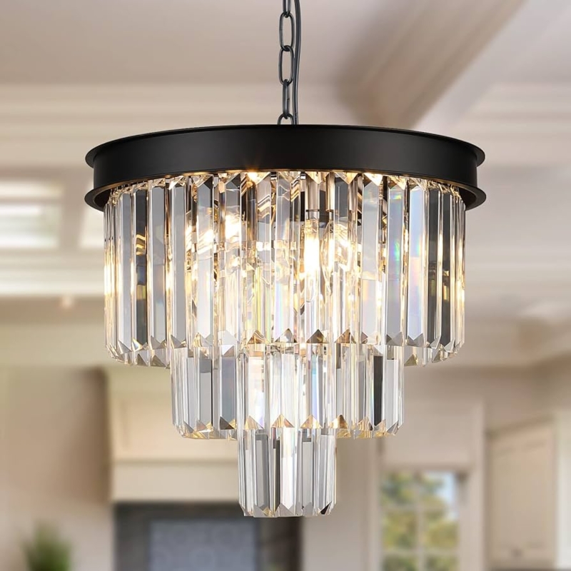 Modern Round Chandelier: Black Metal Raindrop Lighting Vertical Prisms
