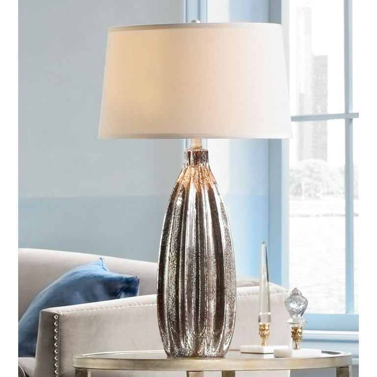 Modern Table Lamp Ribbed Mercury Glass Tall Fluted Base Taupe Shade