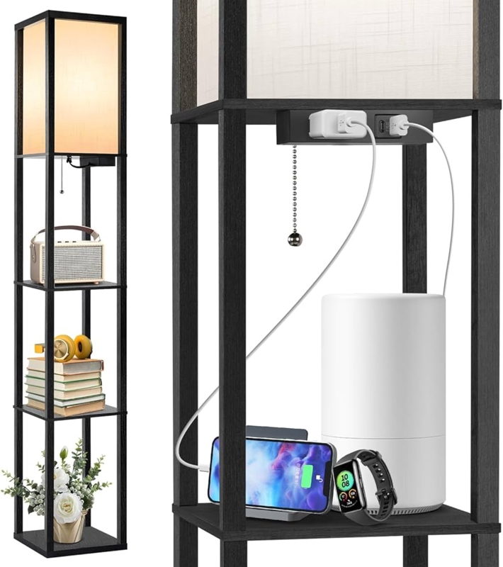 Modern Tiered Display Floor Lamp, Black and Wood, Rectangular Shade