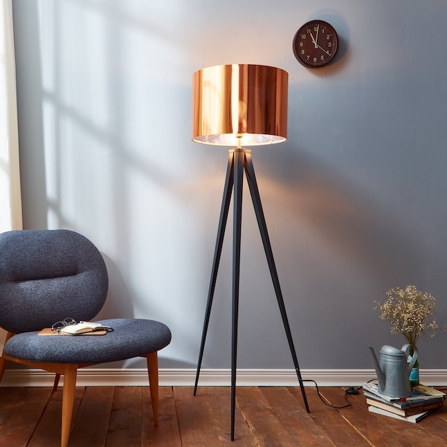 Modern Tripod Floor Lamp Black Legs Metallic Accents Drum Shade