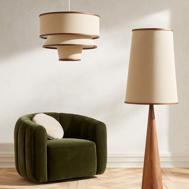 Modern Walnut Tripod Floor Lamp with Oversized Linen Drum Shade