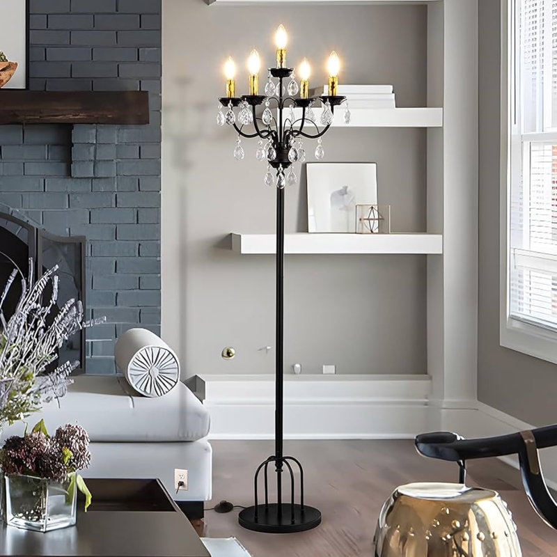 Moody Modern Matte Black and Gold Candelabra Floor Lamp with Crystals