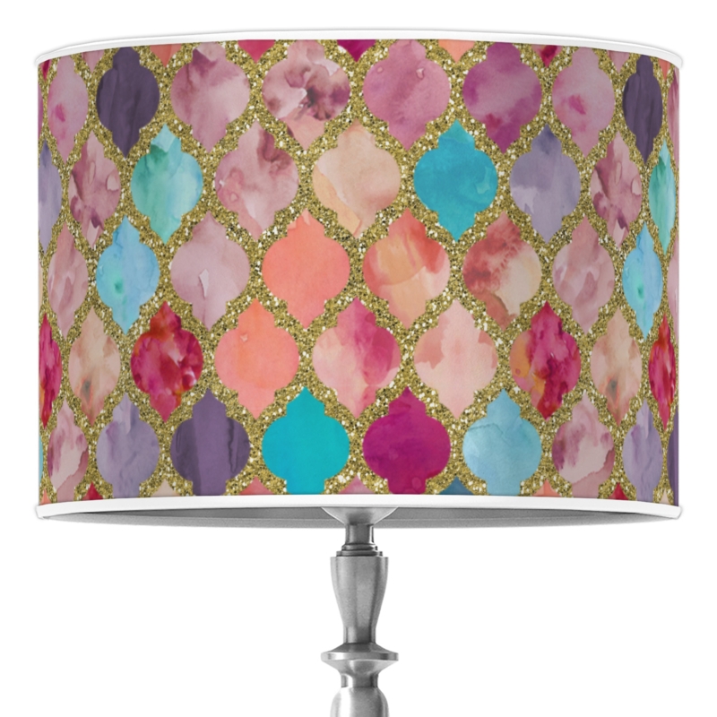 Moroccan Pattern Drum Lamp Shade Watercolor Texture Teal Purple Bohemian