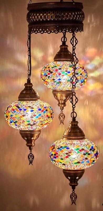 Moroccan Style Multi Pendant: 3-Globe Turkish Mosaic Bronze Light