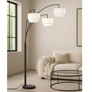 Multi-Arm Arch Floor Lamp with Stone-Like Base and Neutral Drum Shades