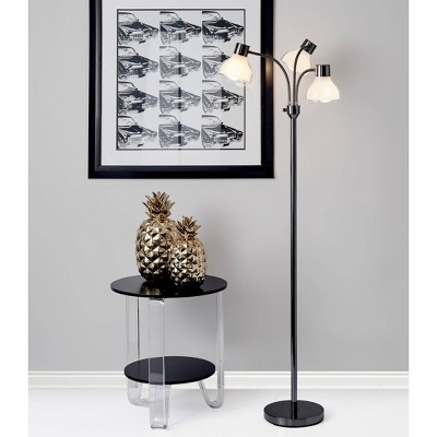 Multi-Arm Floor Lamp: Three Curved Arms, Black Nickel Finish, Drum Shades.
