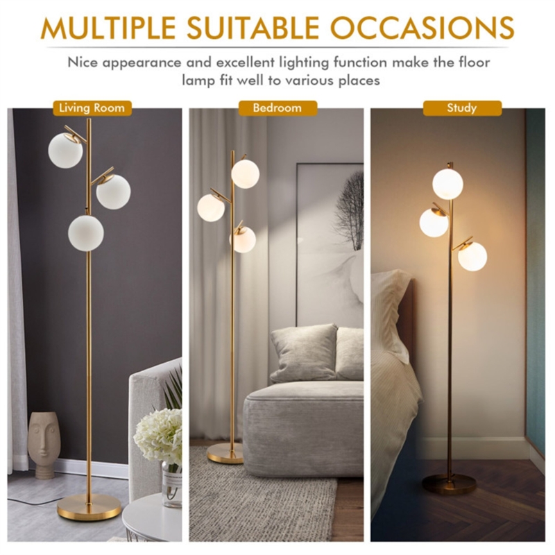 Multi-Head Floor Lamp Satin Gold Three Frosted Globes Staggered Arms