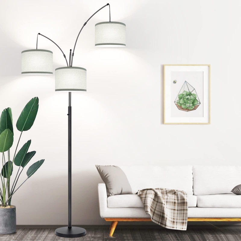 Multi-Light Arc Floor Lamp Black with Staggered Drum Shades, Modern