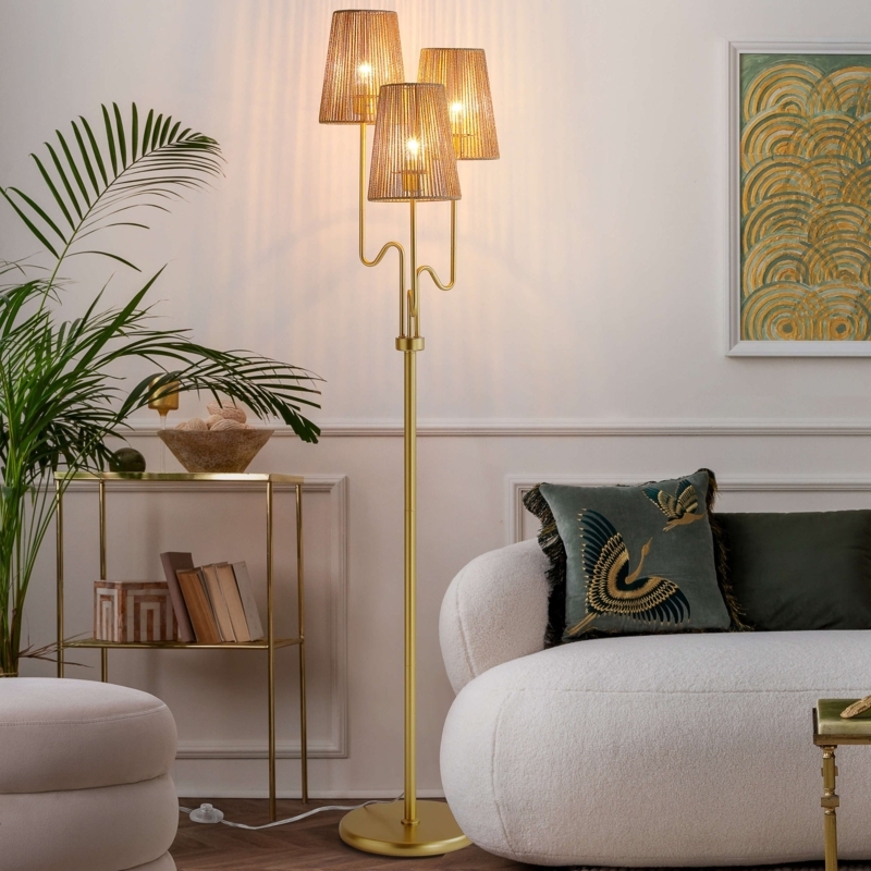 Multi-Light Floor Lamp with Tiered Woven Spherical Shades in Gold