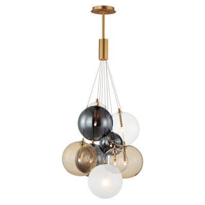 Multi-Light Pendant Nine Light Cluster Clear Globes Brass Mid Century