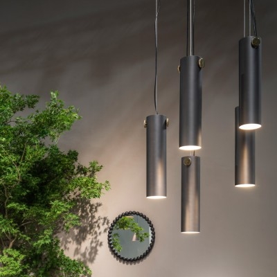 Multi-Light Pendant, Staggered Brass Cylinders with Oversized Bulbs
