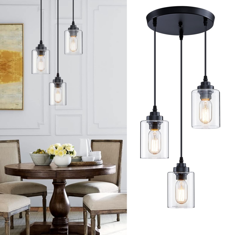 Multi-Light Pendant with Clear Glass Cylinders and Matte Black Finish for Farmhouse