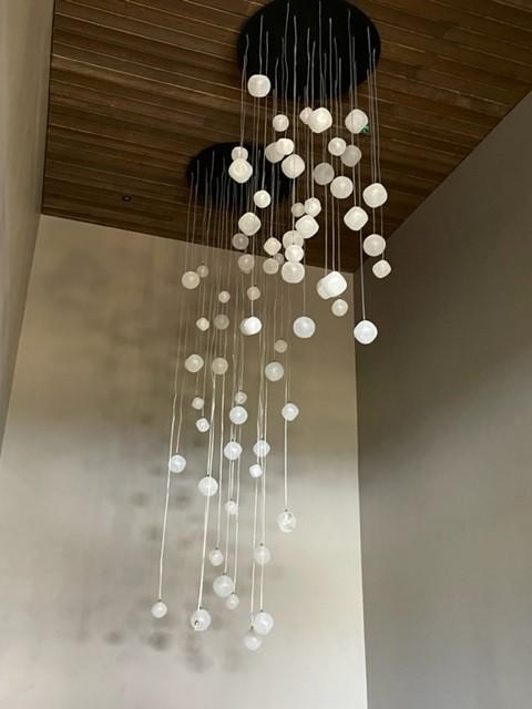 Multi Pendant Chandelier, Staggered Frosted White Globes Cluster
