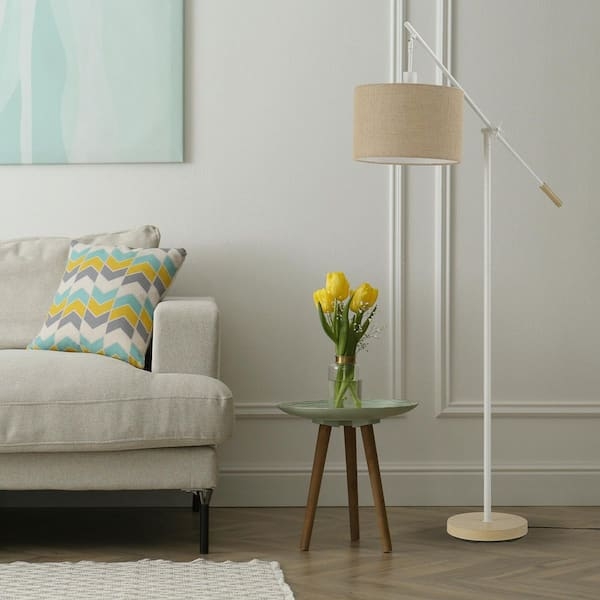 Natural Jute Drum Shade Lamp with Matte White Finish