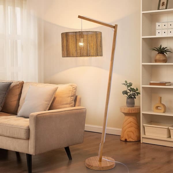 Natural Pine Tripod Floor Lamp with Woven Lantern Shade