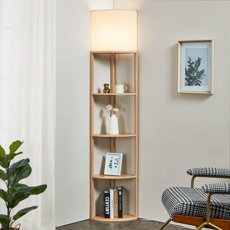 Natural Wood Corner Floor Lamp with Integrated Shelves and Square Shade