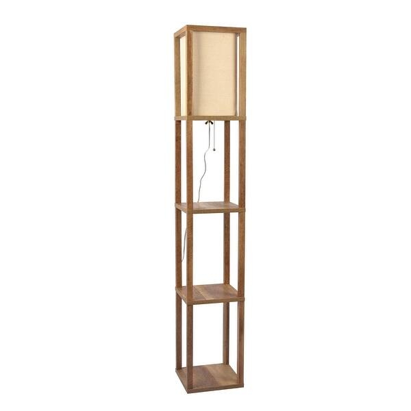 Natural Wood Floor Lamp with Functional Storage Shelves and Pull Chain