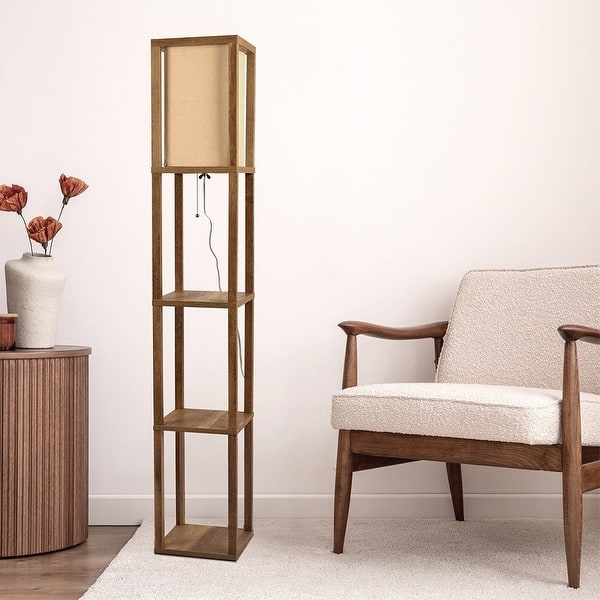 Natural Wood Shelf Floor Lamp with Tall Pillar Fabric Shade