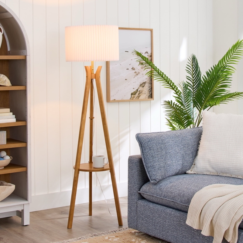 Natural Wood Tripod Floor Lamp Pleated Shade Organic Modern Style