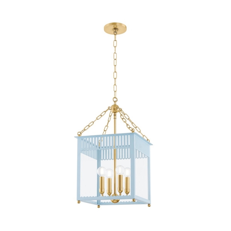 Navy Blue Pendant Light Lantern Gold Accents Transitional Glass