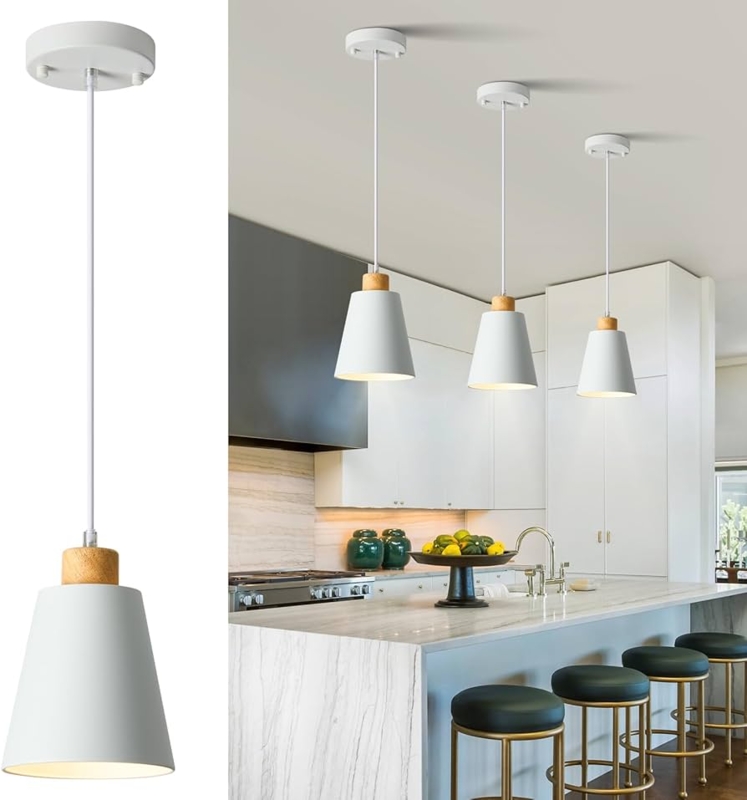 Nordic White Cone Pendant Light with Wood Cap and Geometric Cutouts