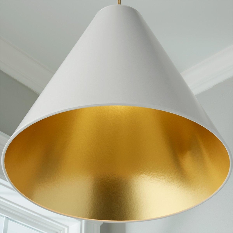 Off-White Cone Pendant Light with Brass Rim Transitional Style