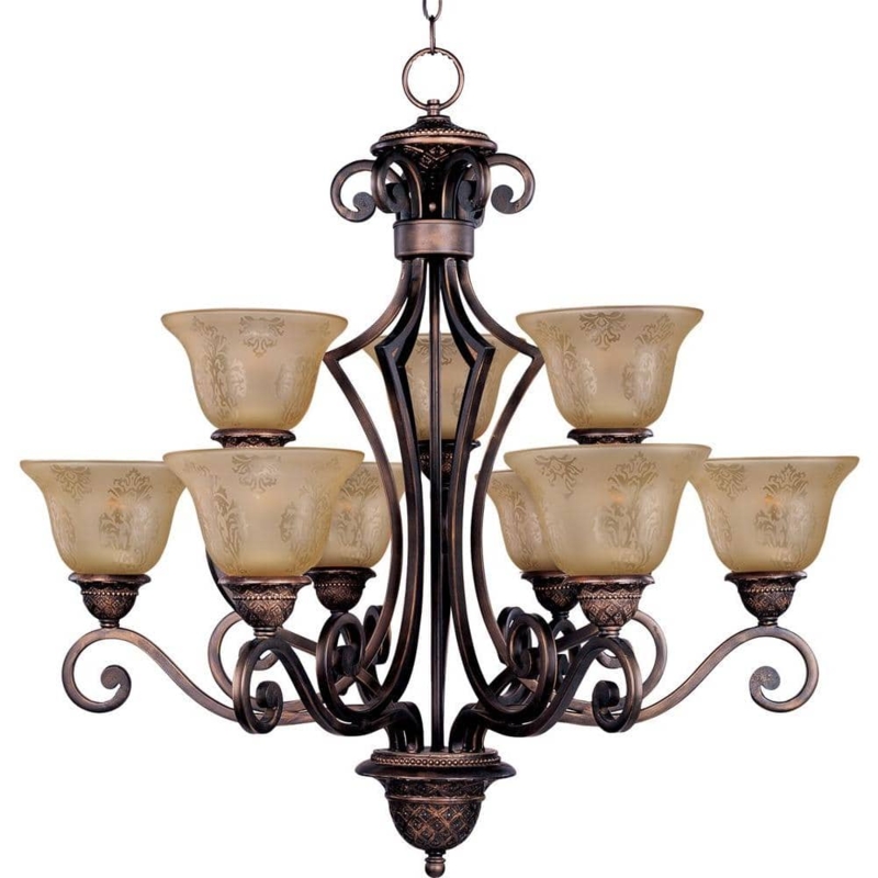 Oil-Rubbed Bronze Chandelier, Two-Tier Design with Frosted Bell Shades