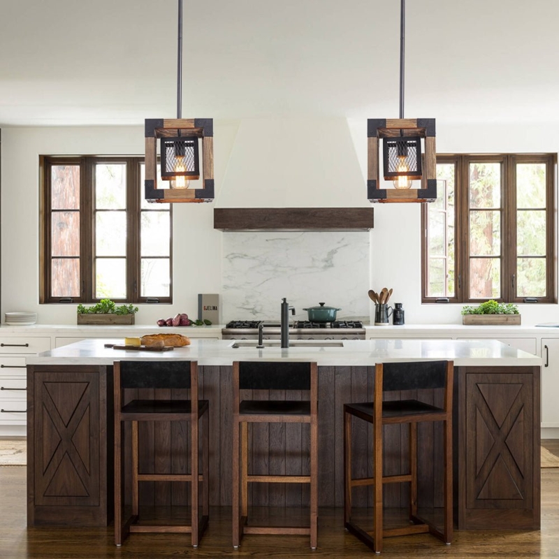 Open Frame Pendant Light Square Wood Lantern Style