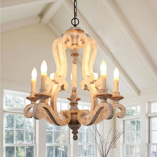 Orb Chandelier Distressed White Wood Metal Strap Accents Farmhouse