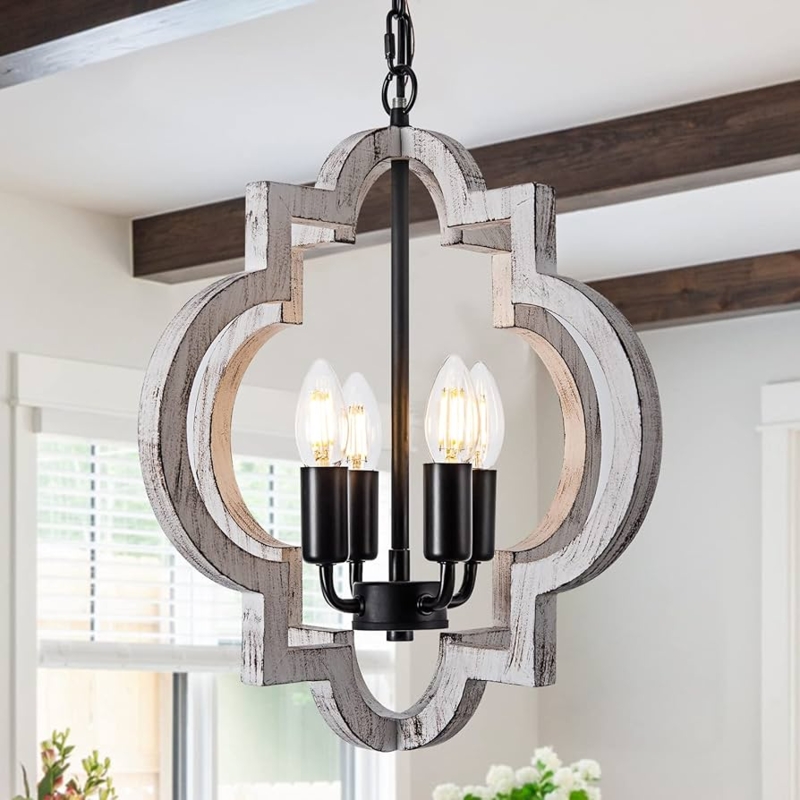Orb Chandelier Four Light Whitewashed Distressing Wood Farmhouse