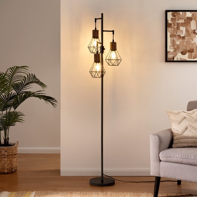 Organic Modern Floor Lamp: Three Woven Rattan Shades, Black Tree Frame.