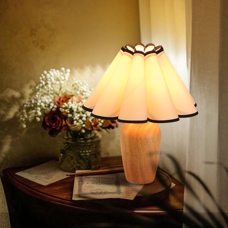 Organic Table Lamp with Cylindrical Wood Base and Textured Drum Shade
