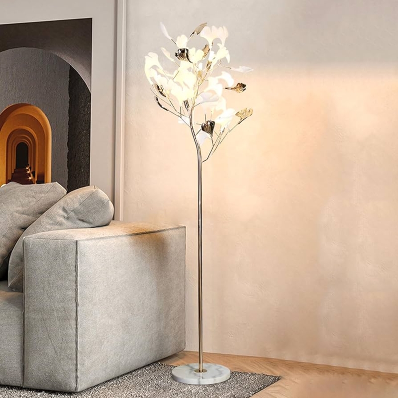 Ornamental Floor Lamp with Ginkgo Leaf Shade Detail