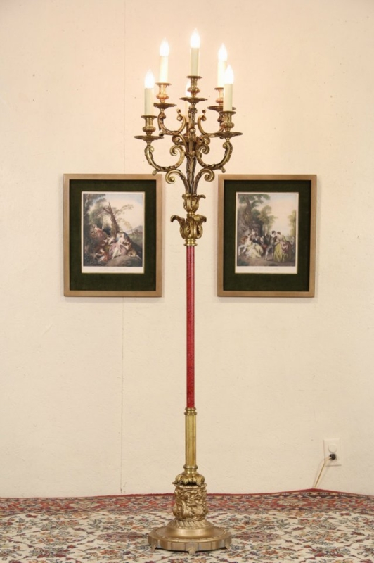 Ornate Antique Bronze Six-Light Candelabra Floor Lamp on Tripod Base