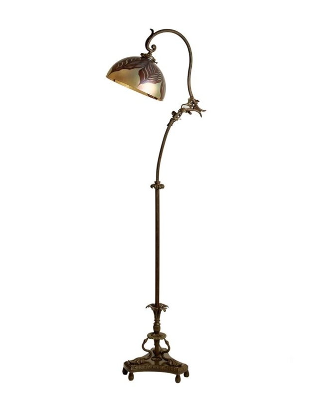 Ornate Floor Lamp Swan Neck Damascene Glass Shade Antique Garden