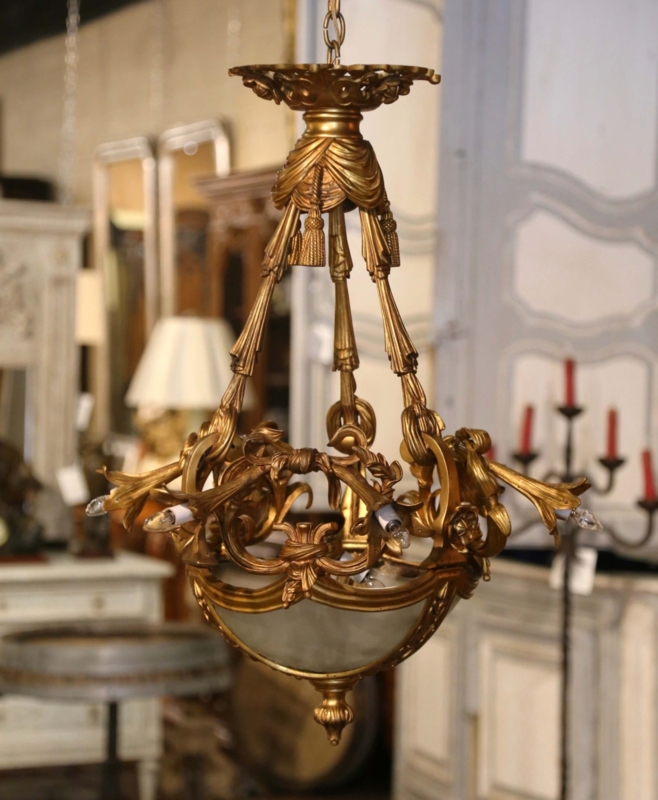 Ornate Gilt Bronze Chandelier, Nine-Light with Frosted Glass Shades
