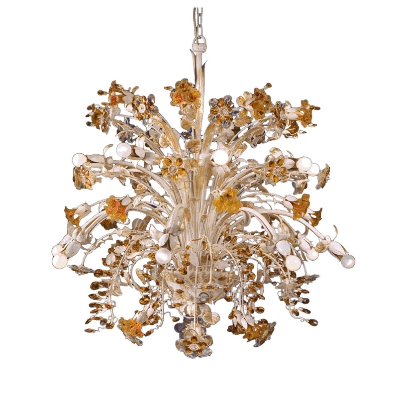Ornate Traditional Chandelier with Amber Glass Floral Accents