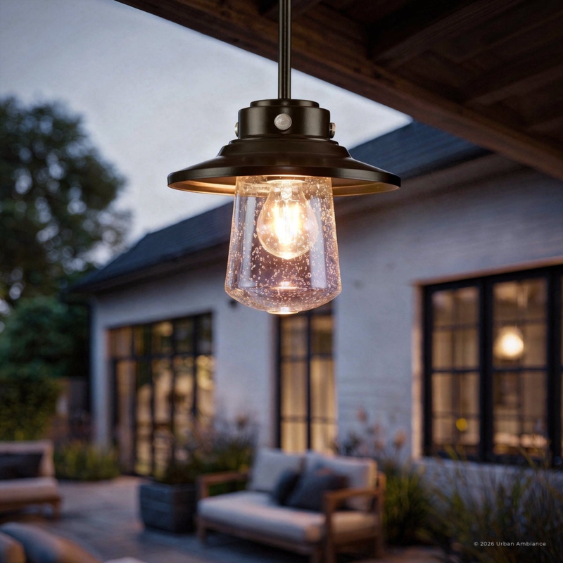 Outdoor Pendant Light Bell Cage Silhouette Seeded Glass Industrial