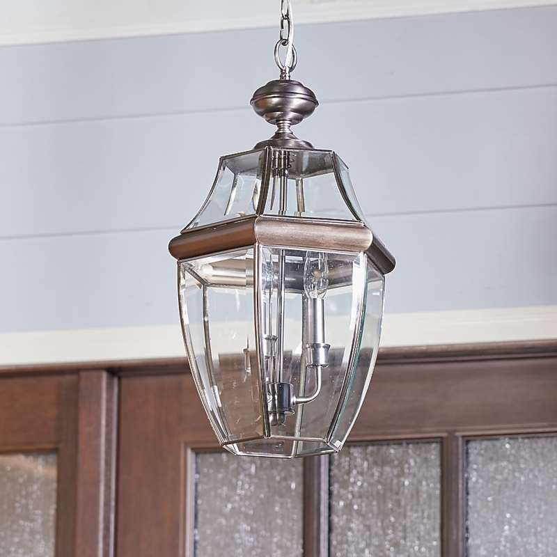 Outdoor Pendant Light: Brushed Nickel Hexagonal Lantern with Beveled Glass