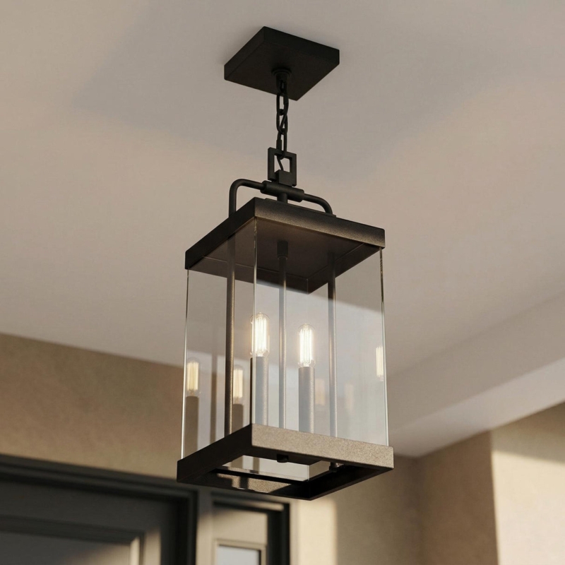 Outdoor Pendant Light Dual Bulbs Box Silhouette Matte Black Entryway