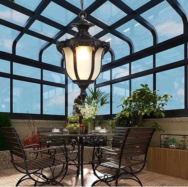 Outdoor Pendant Light Geometric Black Frame Rustic Porch Lantern