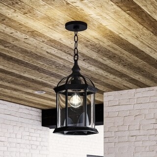 Outdoor Pendant Light: Midnight Black Tapered Lantern with Seeded Glass