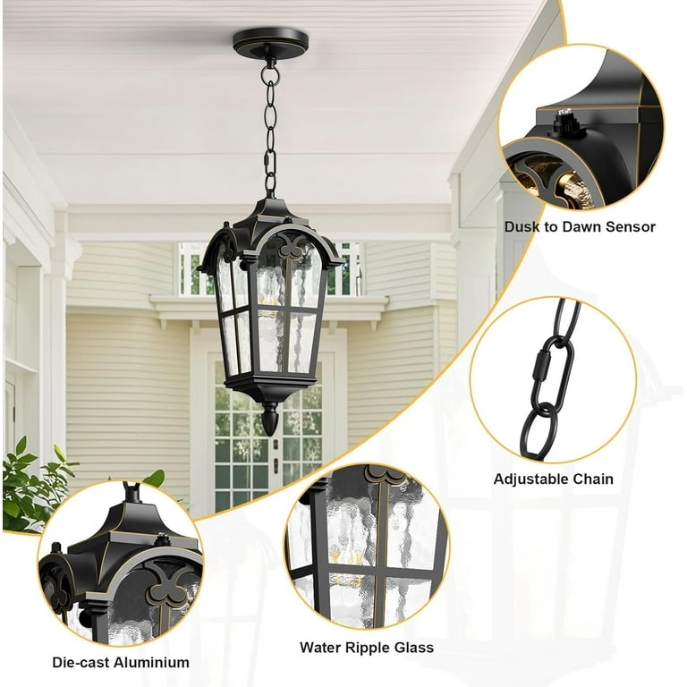 Outdoor Pendant Light Sloped Roof Lantern Ripple Glass Gold Accent
