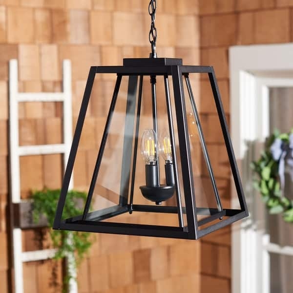 Outdoor Pendant Matte Black Bell Shade Clear Glass Globe Industrial