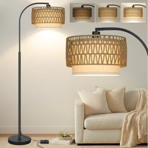 Overhanging Arc Floor Lamp with Metal Frame and Woven Rattan Shade