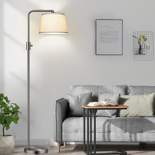 Overhanging Arched Floor Lamp, Beige Drum Shade, Matte Finish, Cozy