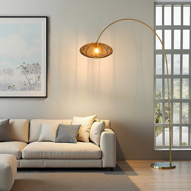 Overhanging Floor Lamp Mesh Shade Antique Gold Glam Accent Lighting