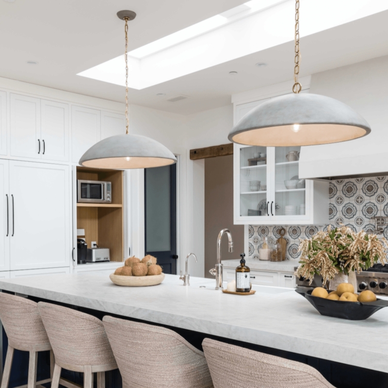 Oversized Dome Pendant Light Off-White Tapered Shade Brass Chain